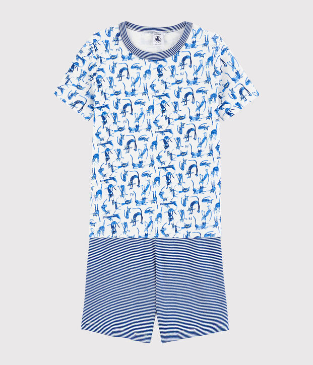 Katoenen pyjacourt met kattenprint voor jongetjes wit/multicouleur
