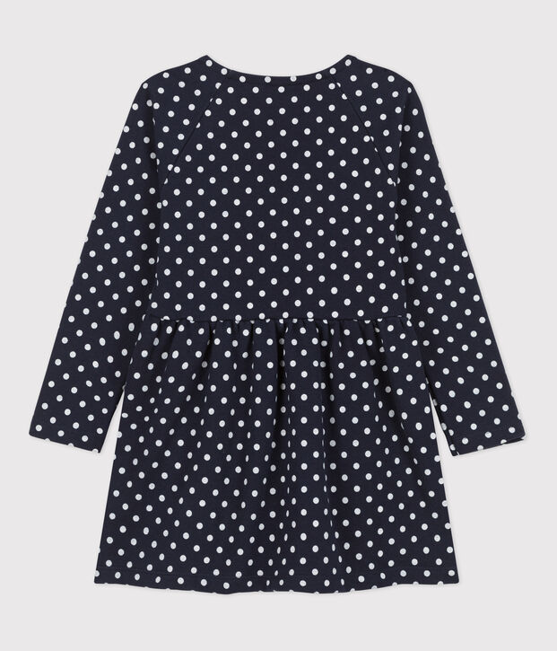 Meisjesjurk met stippen en met lange mouwen in molton blauw/ecru