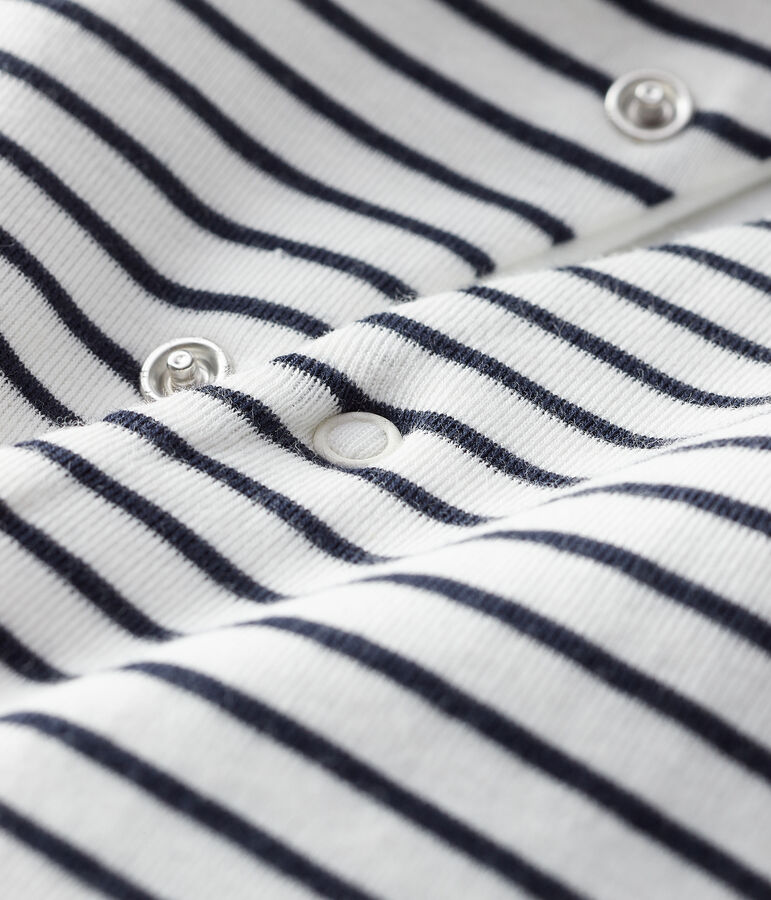 Combinaison longue ray&eacute;e &agrave; capuche b&eacute;b&eacute; en coton biologique blanc/bleu