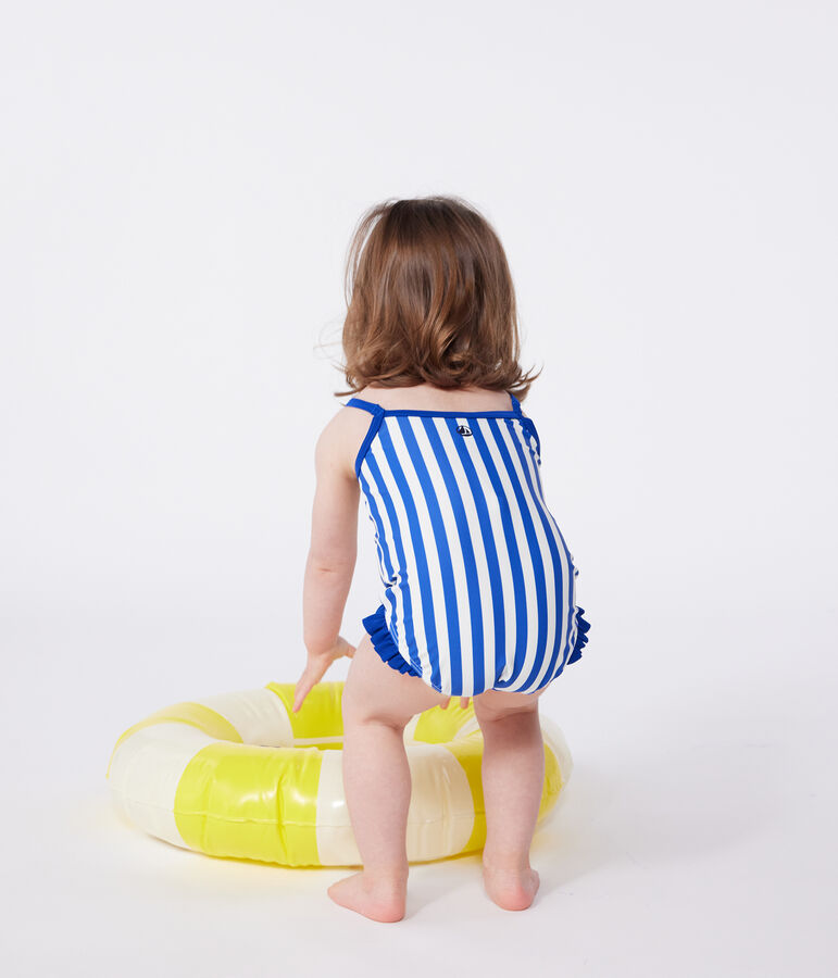 Maillot de bain b&eacute;b&eacute; une pi&egrave;ce &agrave; volants, imprim&eacute; ray&eacute; bleu/blanc