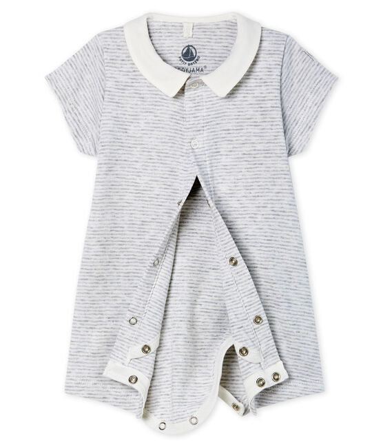 Korte bodypyjama van gebreide stof voor baby's grijs POUSSIERE/wit MARSHMALLOW