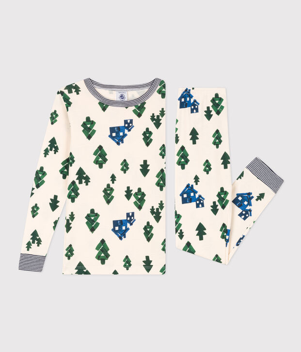Pyjama ajust&eacute; en coton enfant &eacute;cru/bleu/multicouleur