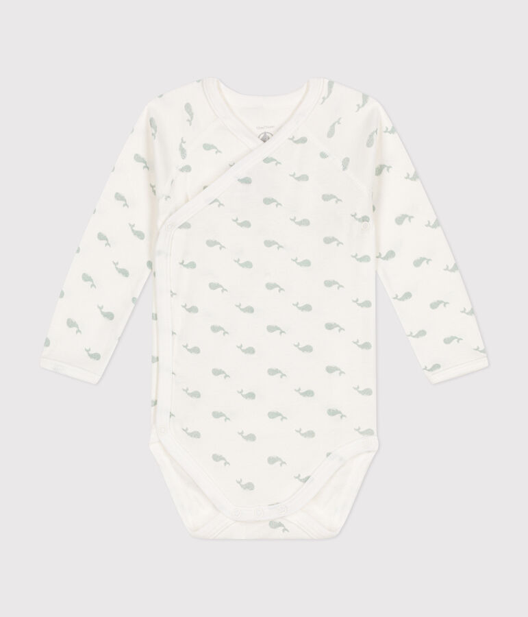 Katoenen overslagbody met lange mouwen voor baby's wit/groen