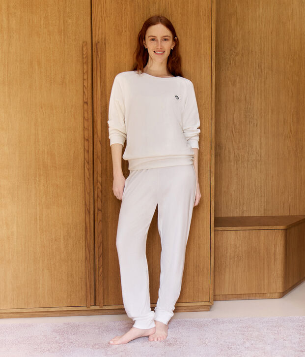 Pyjama femme en coton &eacute;ponge uni blanc cass&eacute;