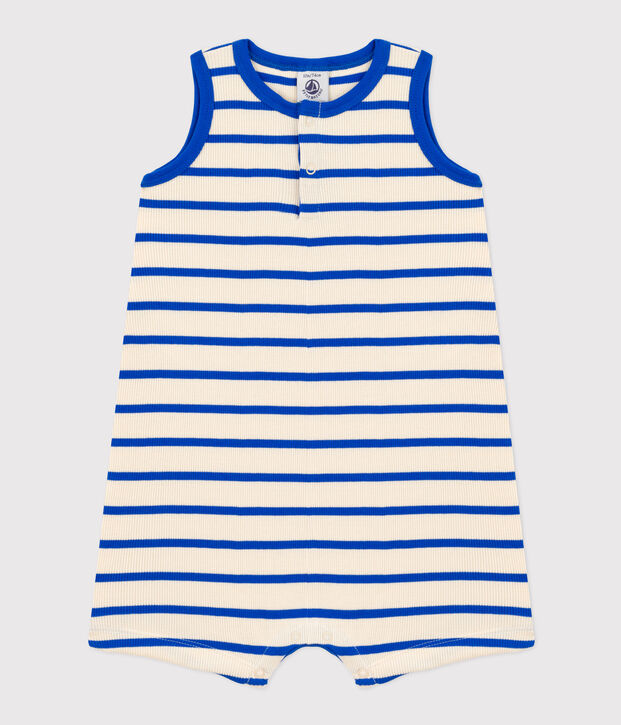 Kort pakje van gestreepte ribstof voor baby's ecru/blauw