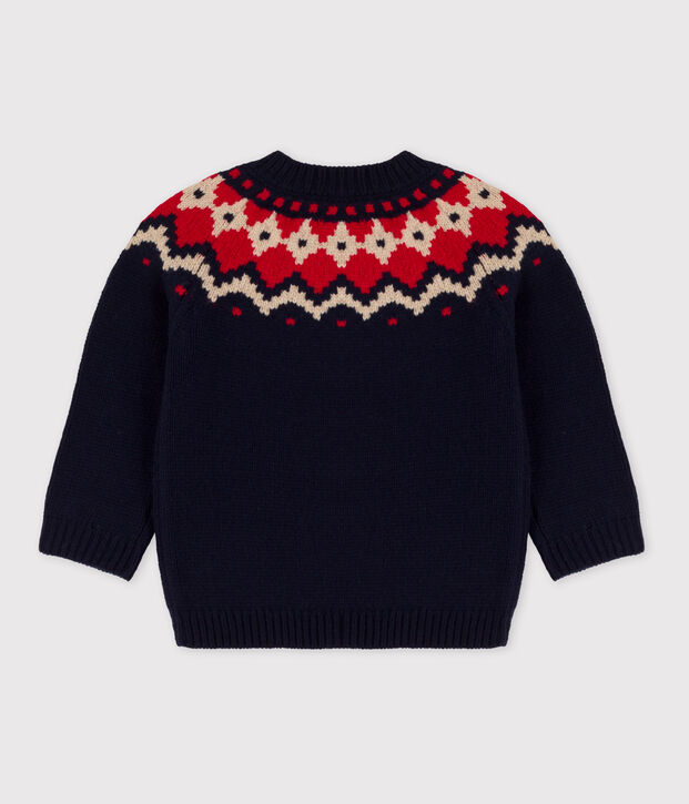 Pull jacquart en tricot laine et coton b&eacute;b&eacute; bleu/multicouleur