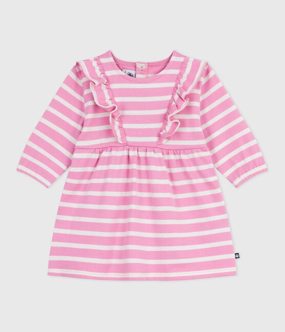 Gestreepte katoenen babyjurkje met lange mouw roze BOUDOIR/ MILK