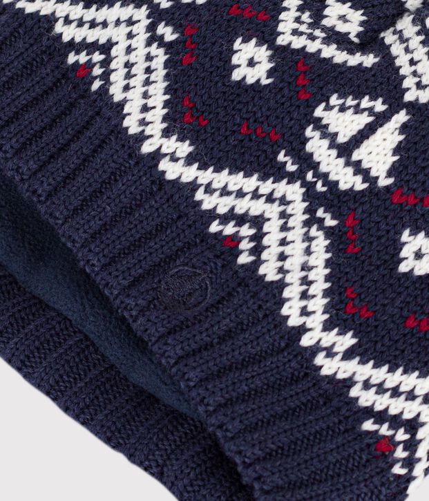 Bonnet b&eacute;b&eacute; jacquard en laine et coton doubl&eacute; polaire bleu/&eacute;cru/rouge