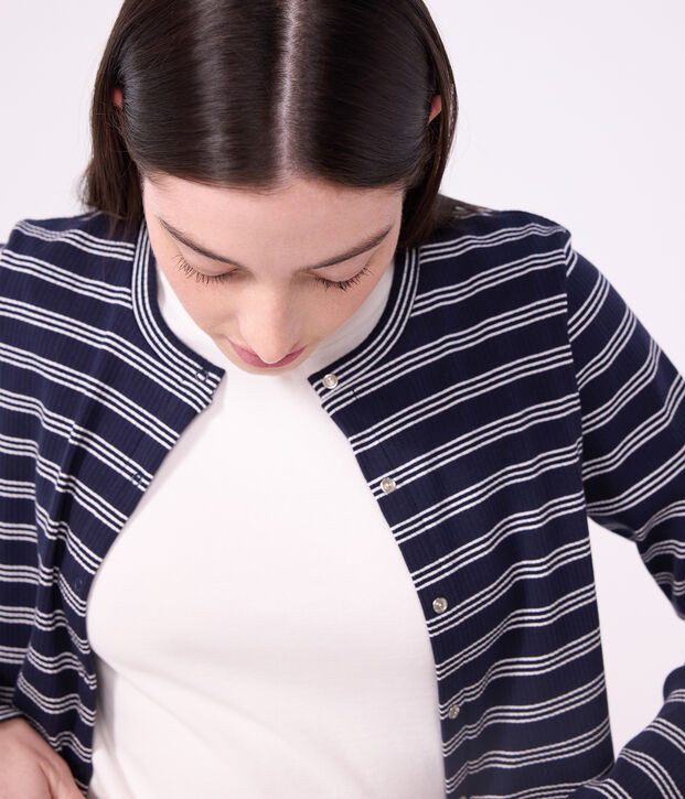 Cardigan femme en coton &agrave; rayures bleu/blanc