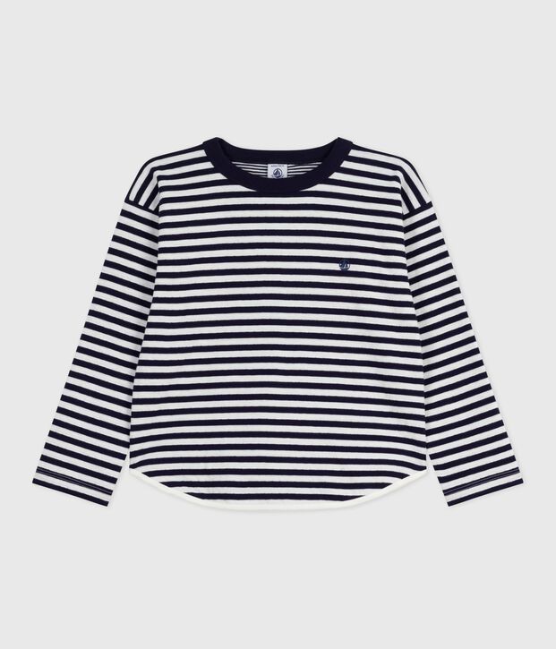 Tee-shirt enfant manches longues en coton ray&eacute; bleu/&eacute;cru