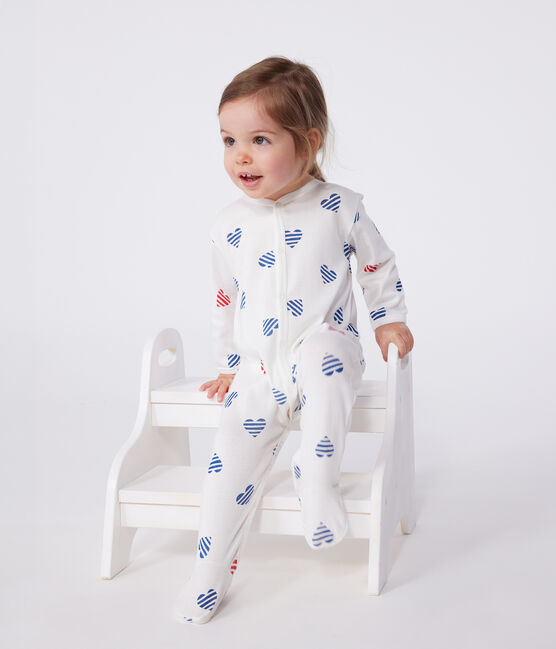 Katoenen babypyjama met gestreepte hartjesprint wit MARSHMALLOW/wit MULTICO