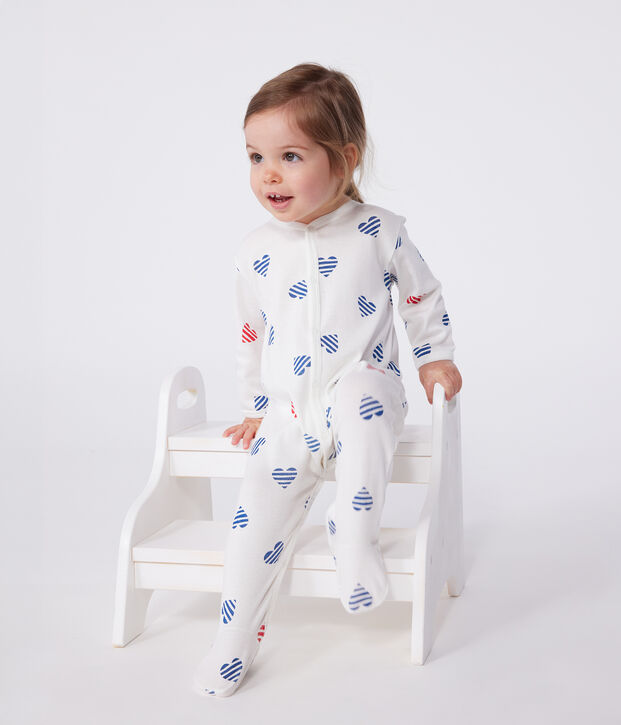 Katoenen babypyjama met gestreepte hartjesprint wit/multicouleur