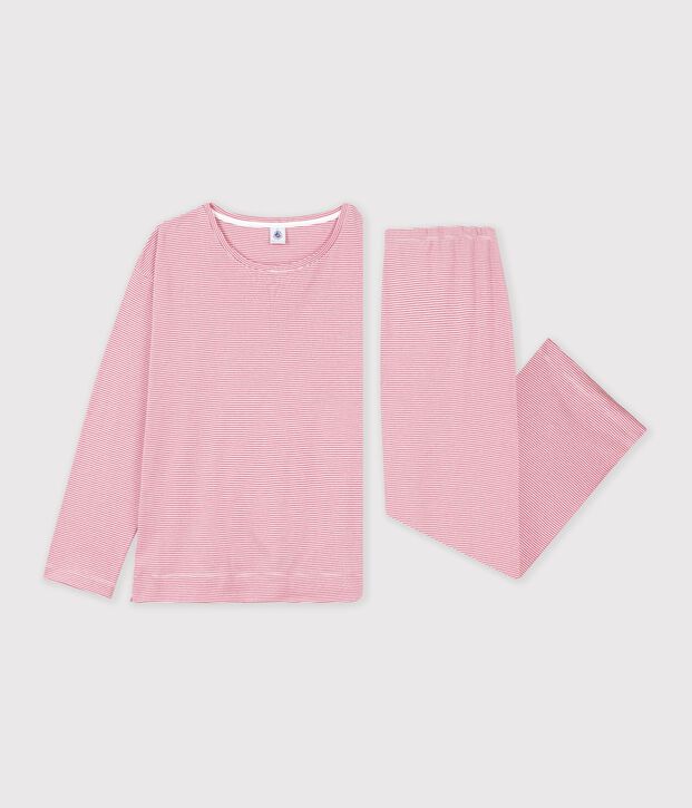 Pyjama femme en coton jambes droites &agrave; rayures rose/blanc