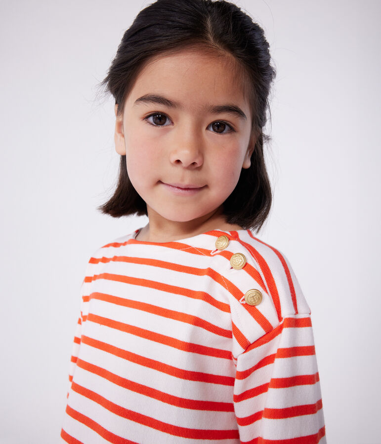 Katoenen kinderjurk met lange mouwen en strepen roze/rood