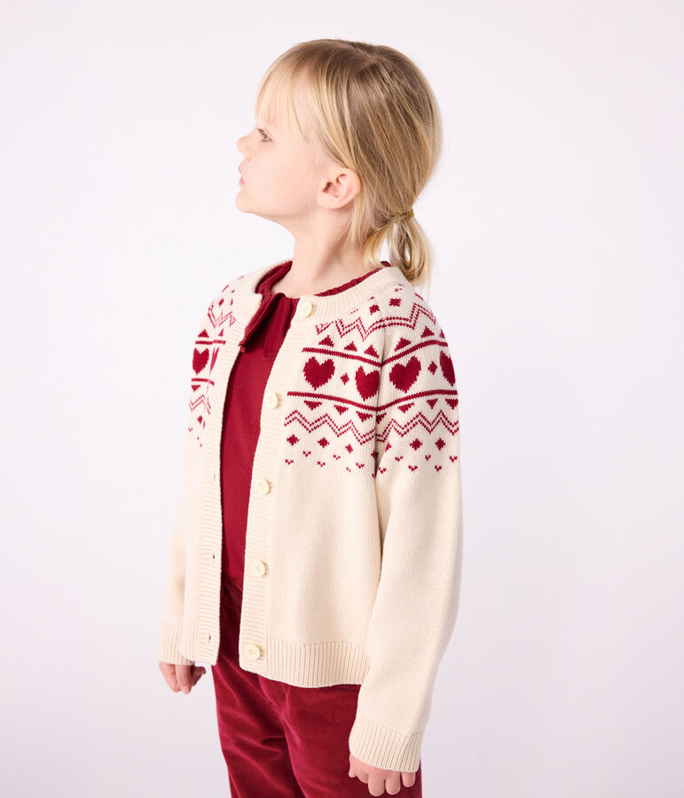 Cardigan van jacquard uit wol en katoen met motief voor kinderen ecru/rood
