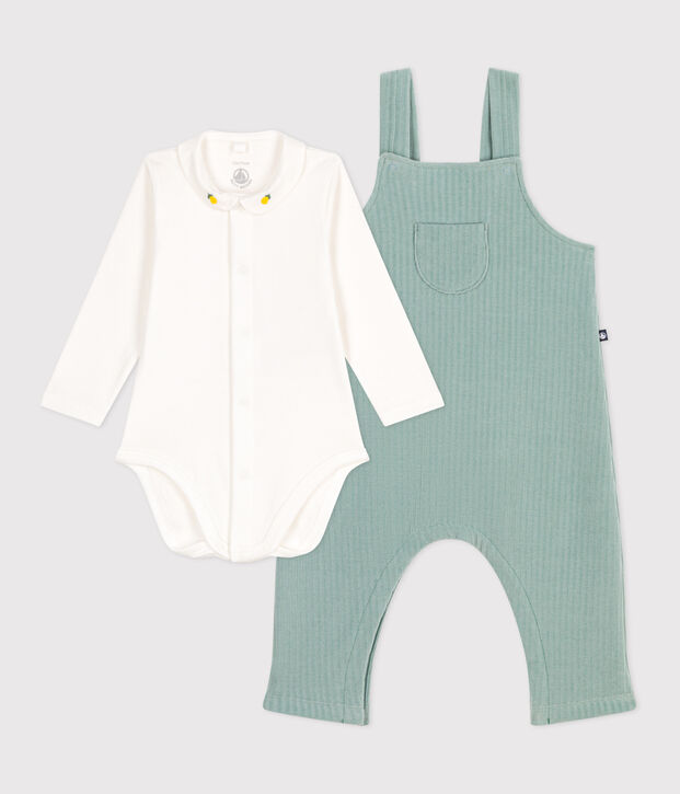Ensemble naissance salopette et body brod&eacute; en coton vert