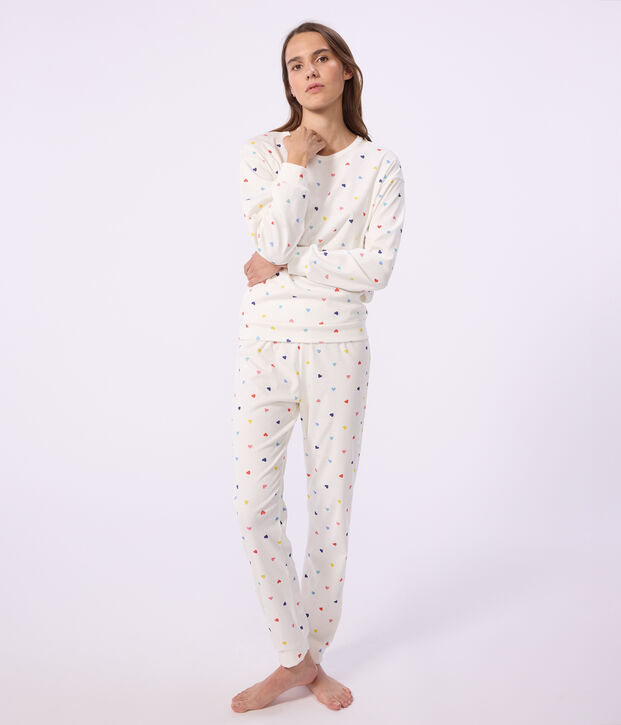 Pyjama femme en coton et &eacute;lasthanne imprim&eacute; c&oelig;urs blanc/multicouleur