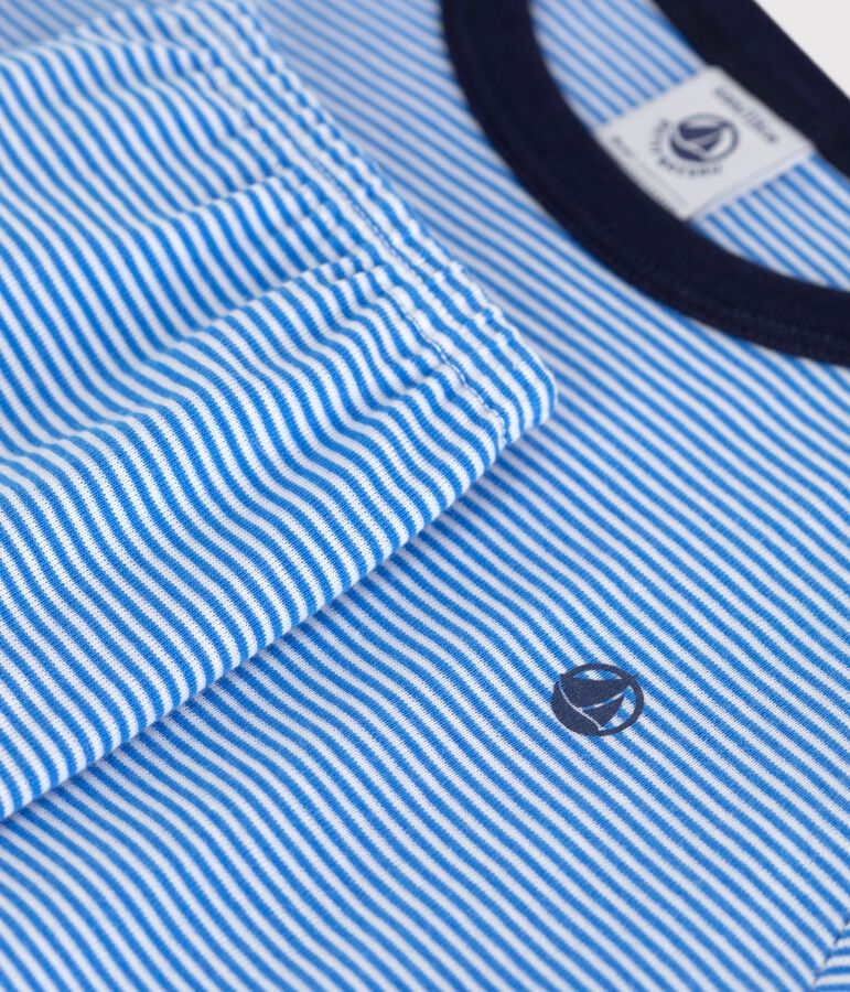 Pyjama enfant en coton manches courtes jambes longues ray&eacute; DELPHINIUM/ MARSHMALLOW