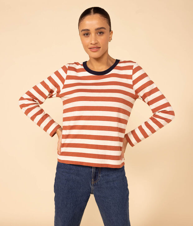 Tee-shirt LE DROIT col rond en coton Femme marron/&eacute;cru