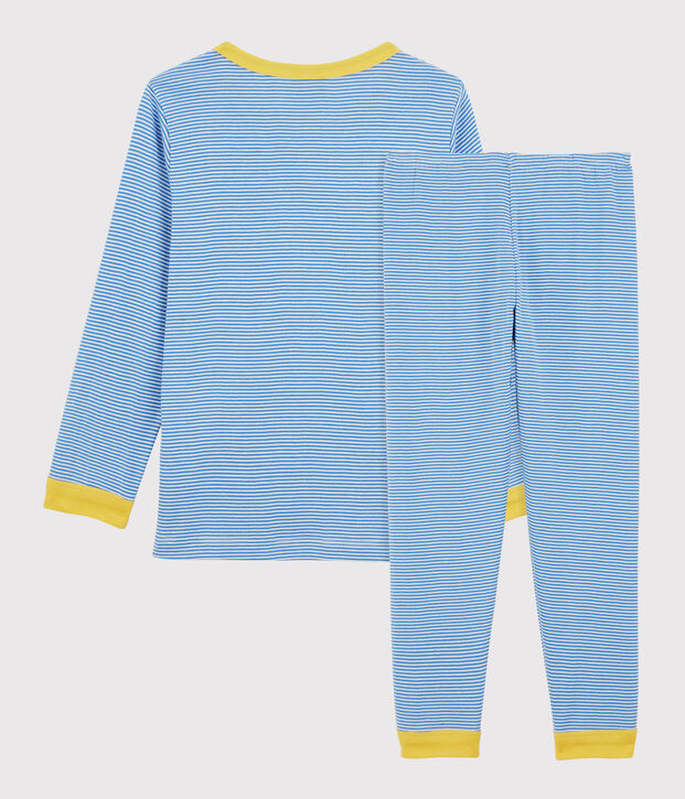 Pyjama ray&eacute; milleraies en coton enfant bleu/blanc