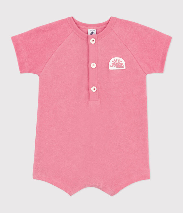 Kort babypakje van effen katoenen badstof met korte mouwen en badge roze