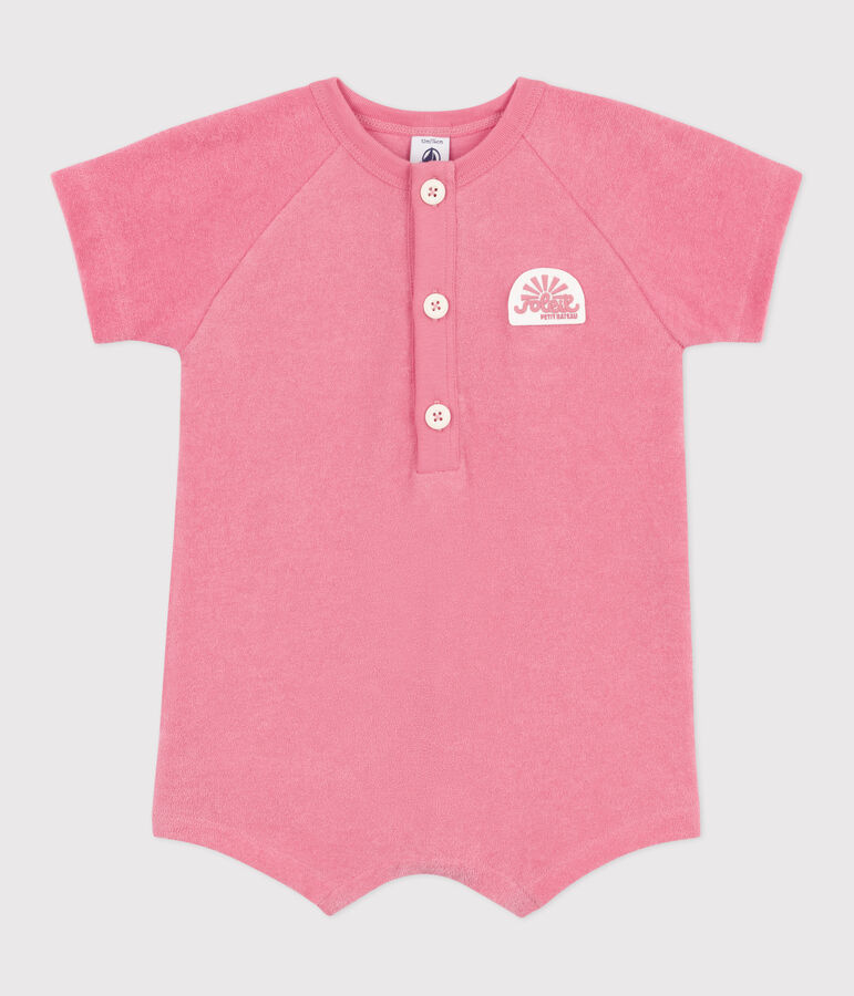 Kort babypakje van effen katoenen badstof met korte mouwen en badge roze
