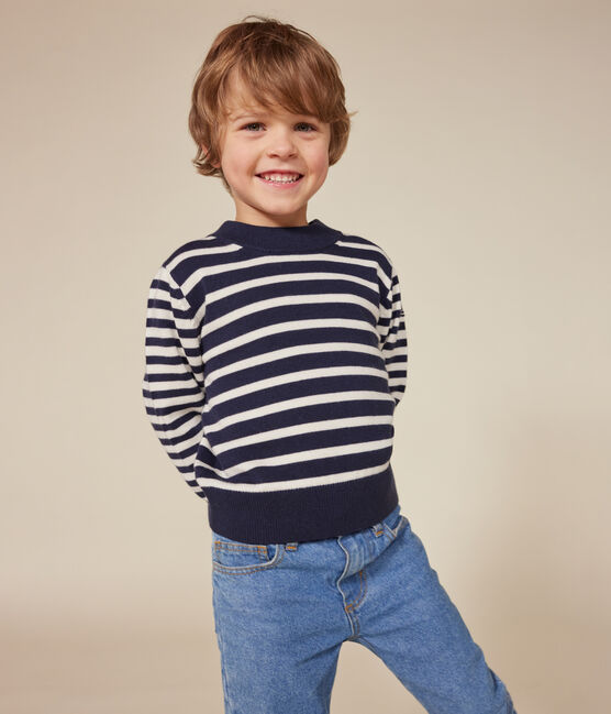 Gestreepte kindertrui in wol en katoen blauw SMOKING/wit MARSHMALLOW