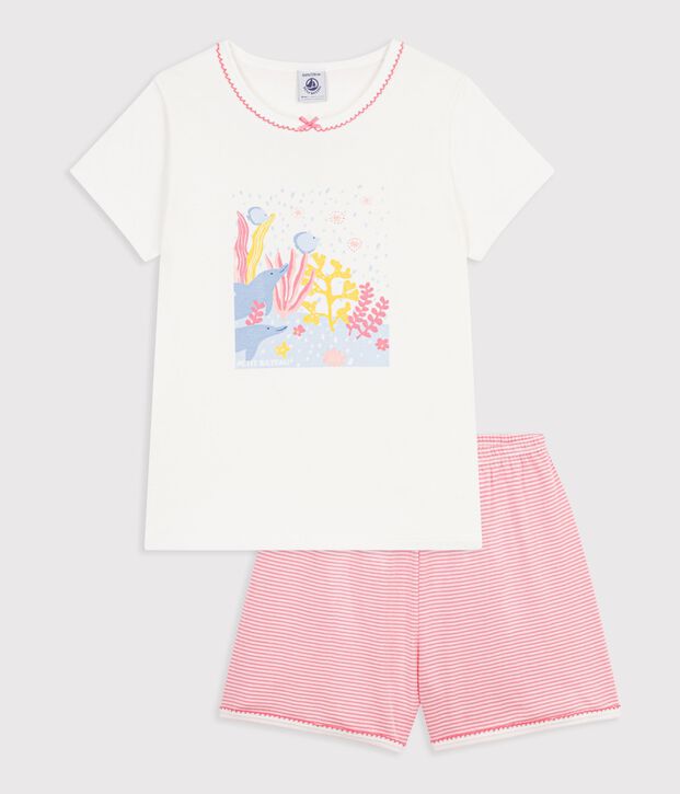 Pyjama short enfant en coton &agrave; motif oc&eacute;an blanc/rose