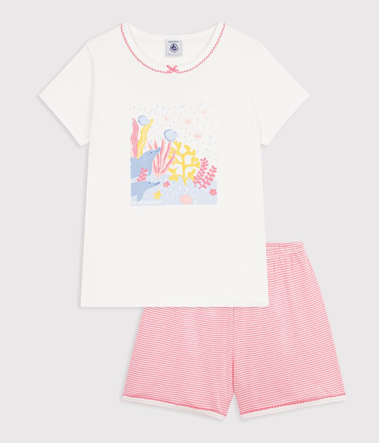 Pyjama short enfant en coton &agrave; motif oc&eacute;an blanc/rose