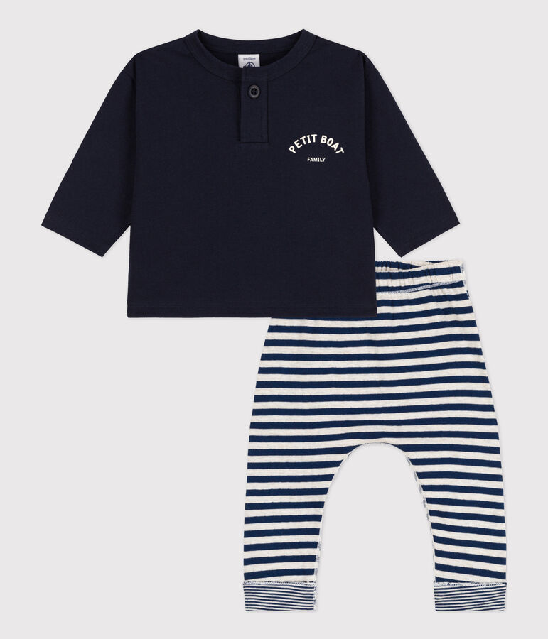 Ensemble cadeau b&eacute;b&eacute; : tee-shirt et pantalon bleu/blanc