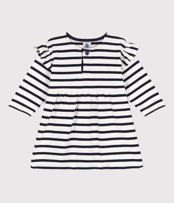 Robe manches longues bébé rayée marinière en jersey épais blanc MARSHMALLOW/bleu SMOKING