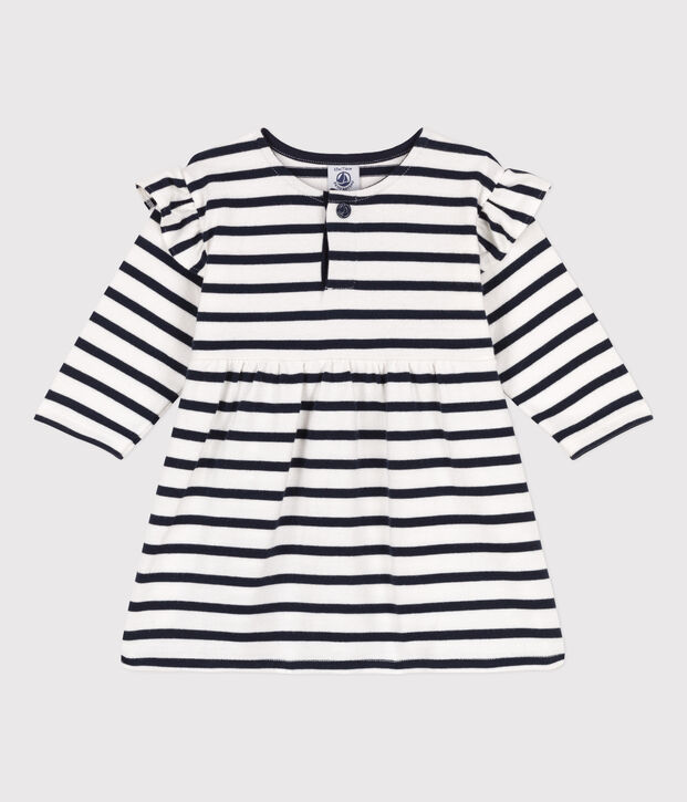 Gestreepte manrini&egrave;re-jurk met lange mouwen uit dikke jerseystof voor baby's wit/blauw