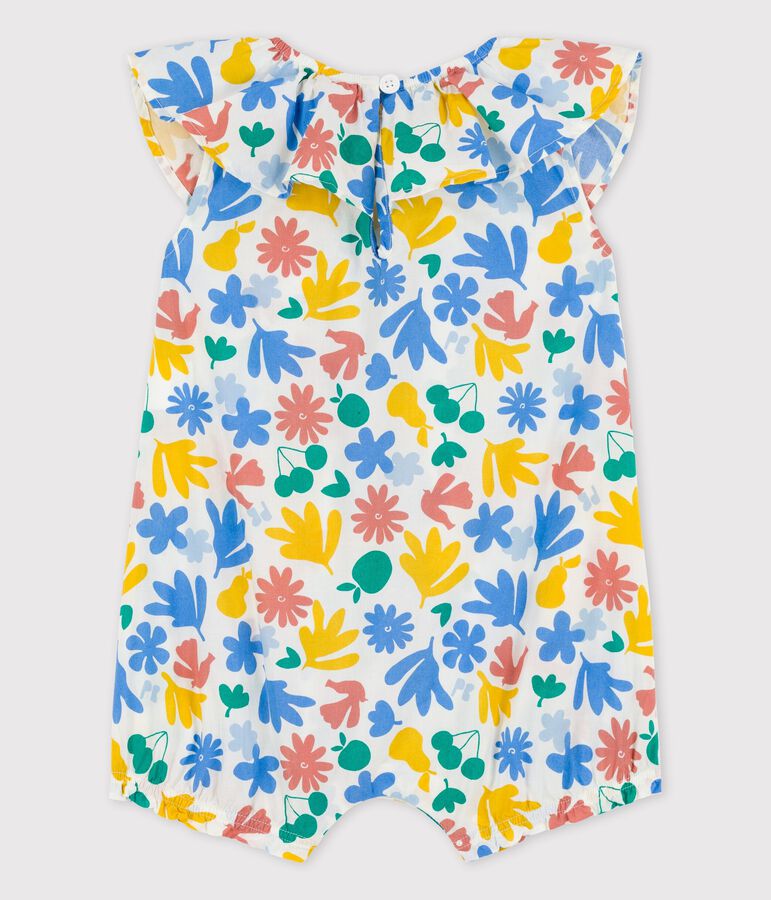 Korte bedrukte tuinbroek in popeline met bloemenprint voor baby's wit/multicouleur