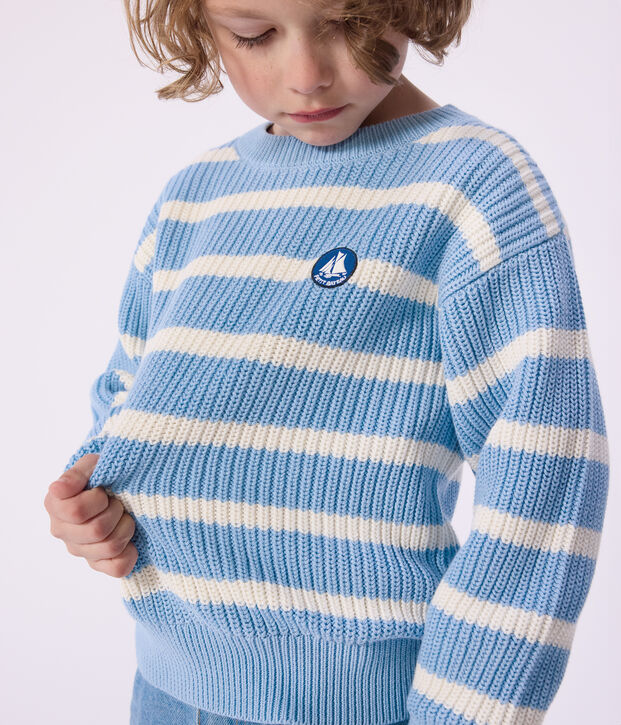 Gebreide kindertrui blauw/ecru