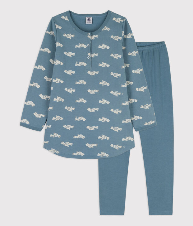 Nachthemd en legging met vogeltje voor meisjes in molton en katoen blauw/wit
