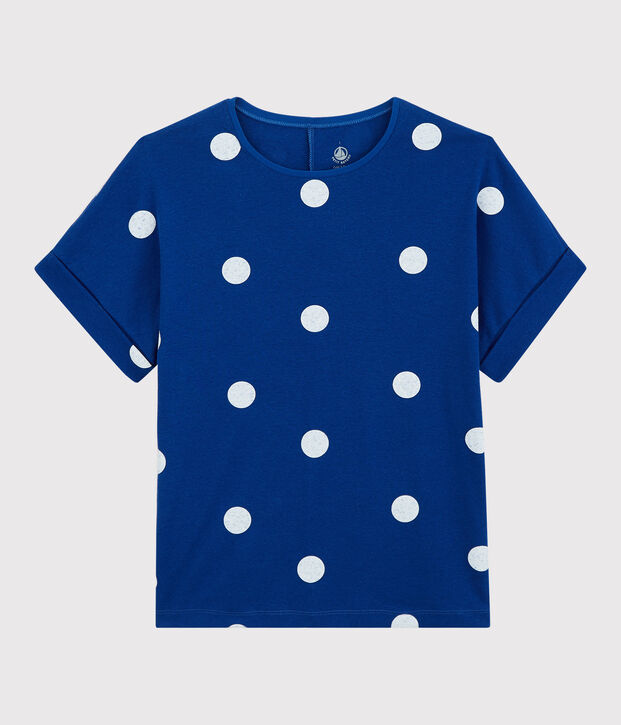 Katoenen/linnen T-shirt met print, Dames blauw/wit