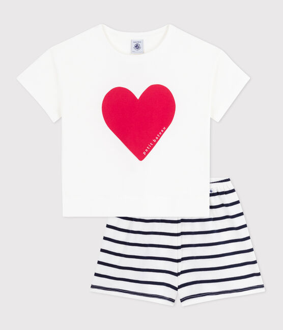 Korte katoenen pyjama met hartjesprint voor kinderen wit MARSHMALLOW/blauw SMOKING