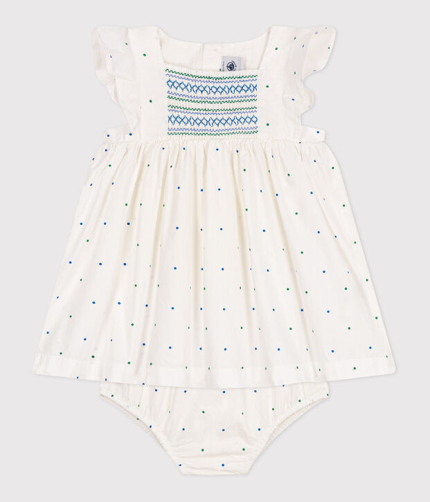 Witte katoenen babyjurk met bloomer in stippenprint wit/multicouleur