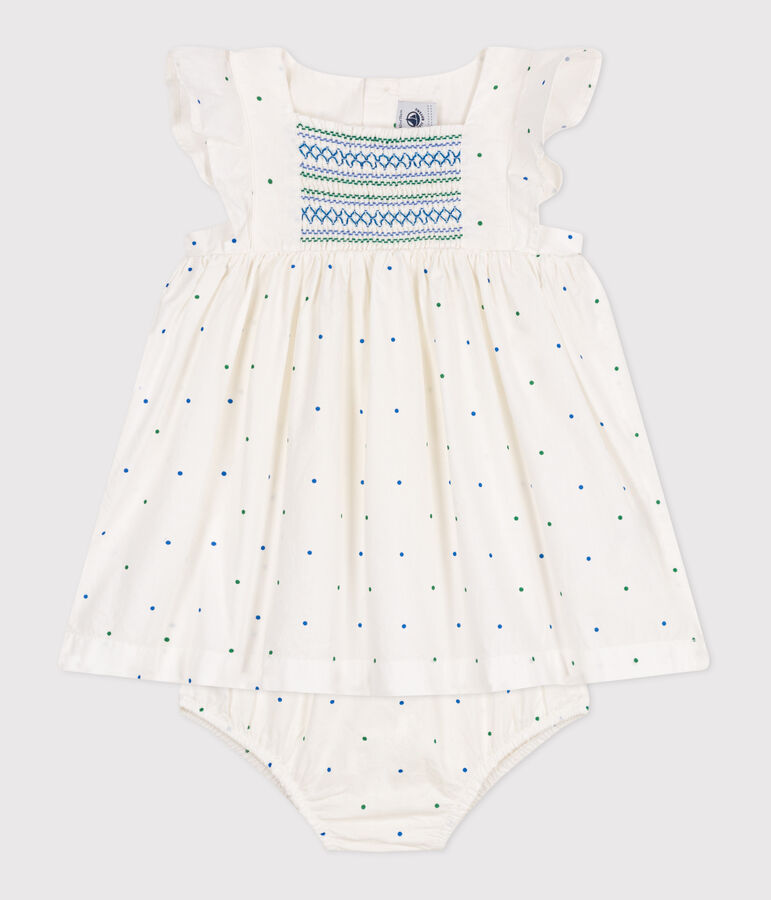 Witte katoenen babyjurk met bloomer in stippenprint wit/multicouleur