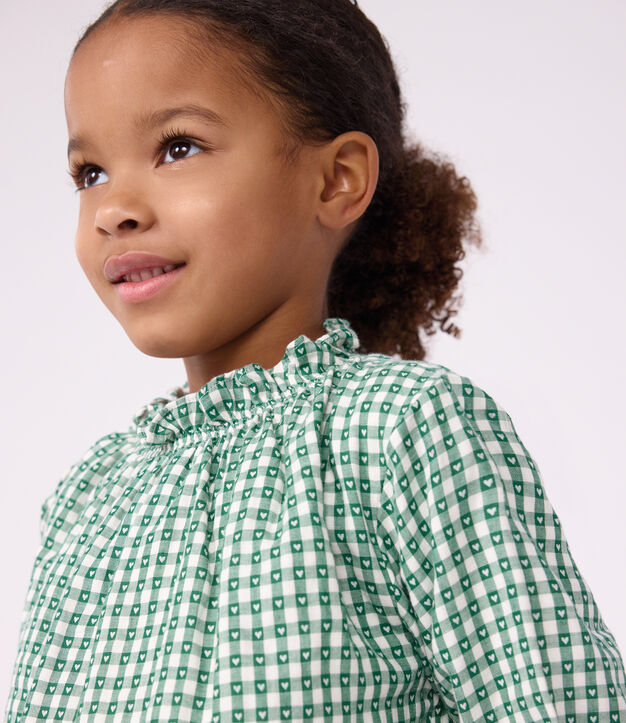 Katoenen kinderbloesje met kraag, lange mouwen en print groen/wit