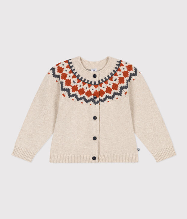 Jacquardgebreid vest in wol/katoen voor meisjes beige/multicouleur
