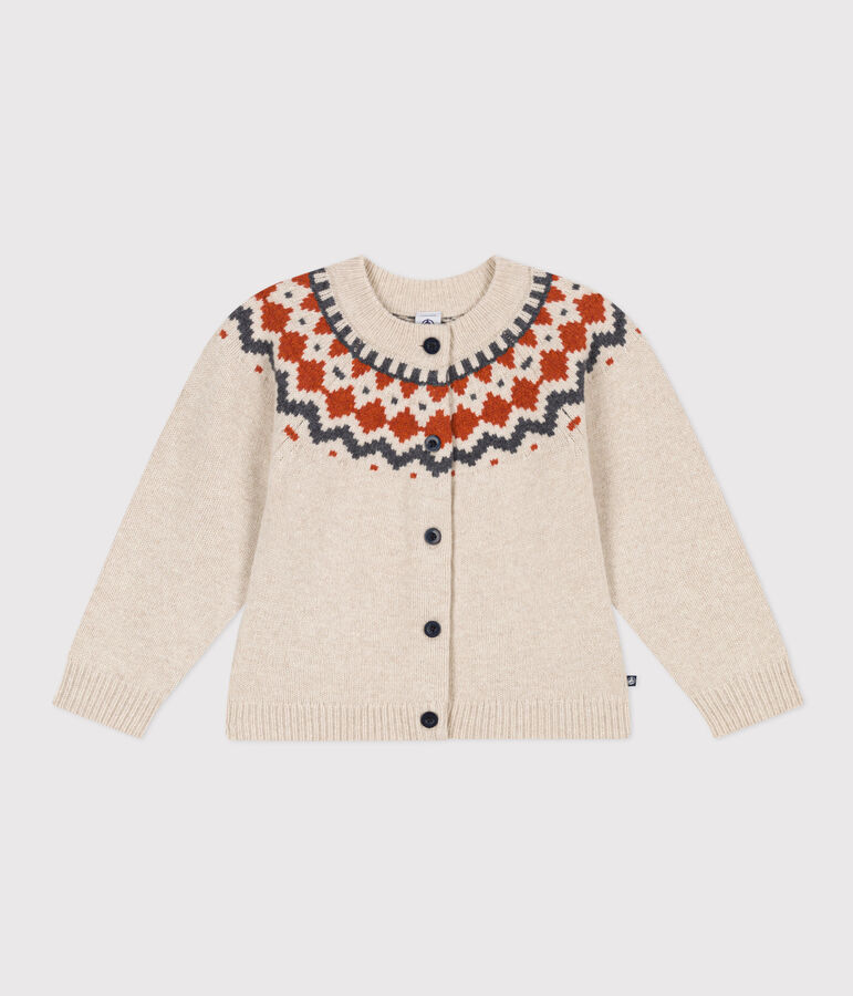 Jacquardgebreid vest in wol/katoen voor meisjes beige/multicouleur