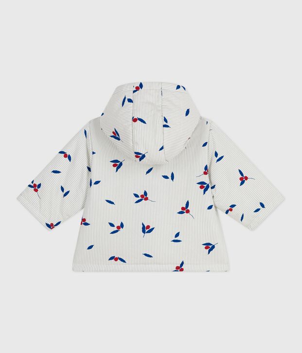 Babyjas met kap en wattering in poplin, afgewerkt met print blauw/multicouleur