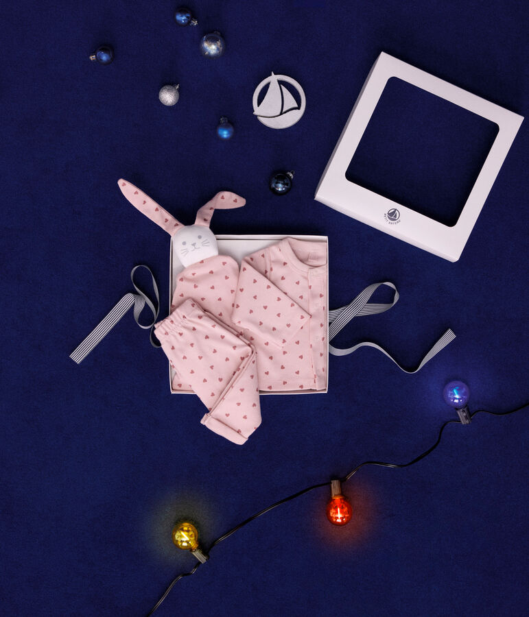 Babysetje met vestje, broek en knuffeldoekje van katoen roze/roze