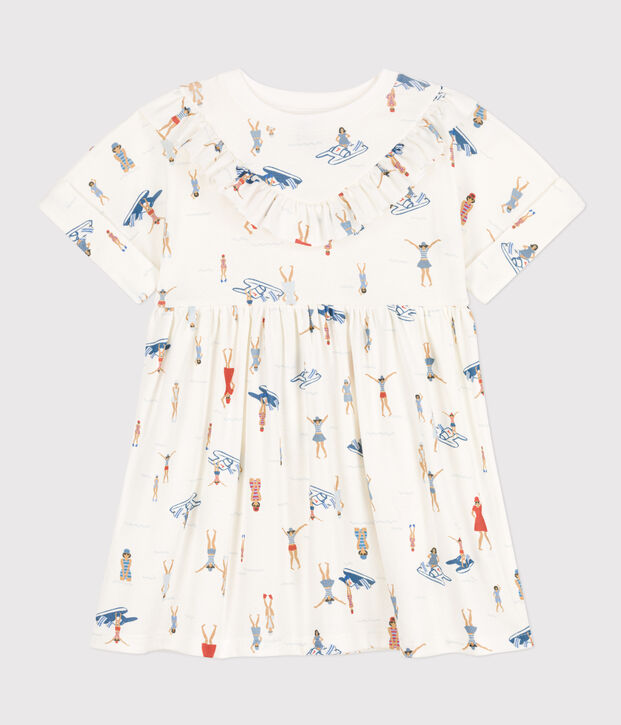 Meisjesjurk met korte mouwen in katoen wit/multicouleur