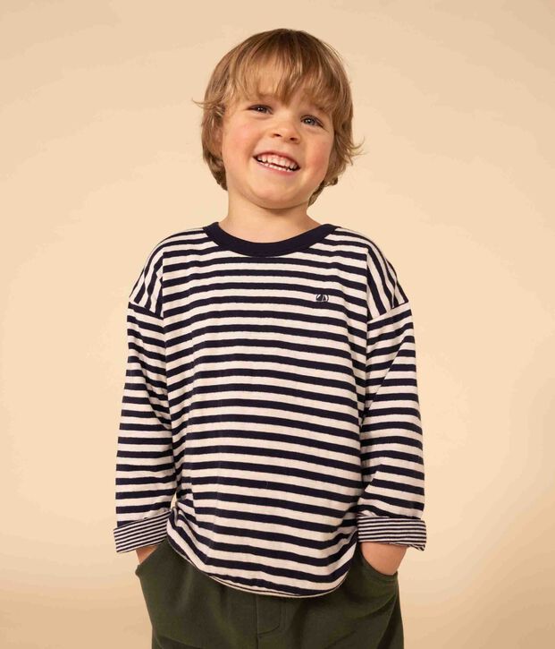 Tee-shirt manches longues en tubique enfant gar&ccedil;on bleu/&eacute;cru