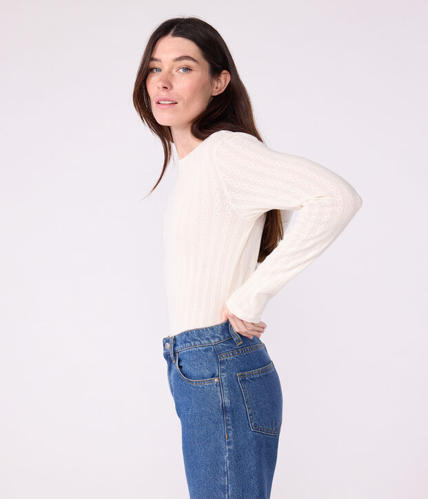 T-shirt met lange mouwen in opengewerkt katoen voor dames - L'Iconique MILK