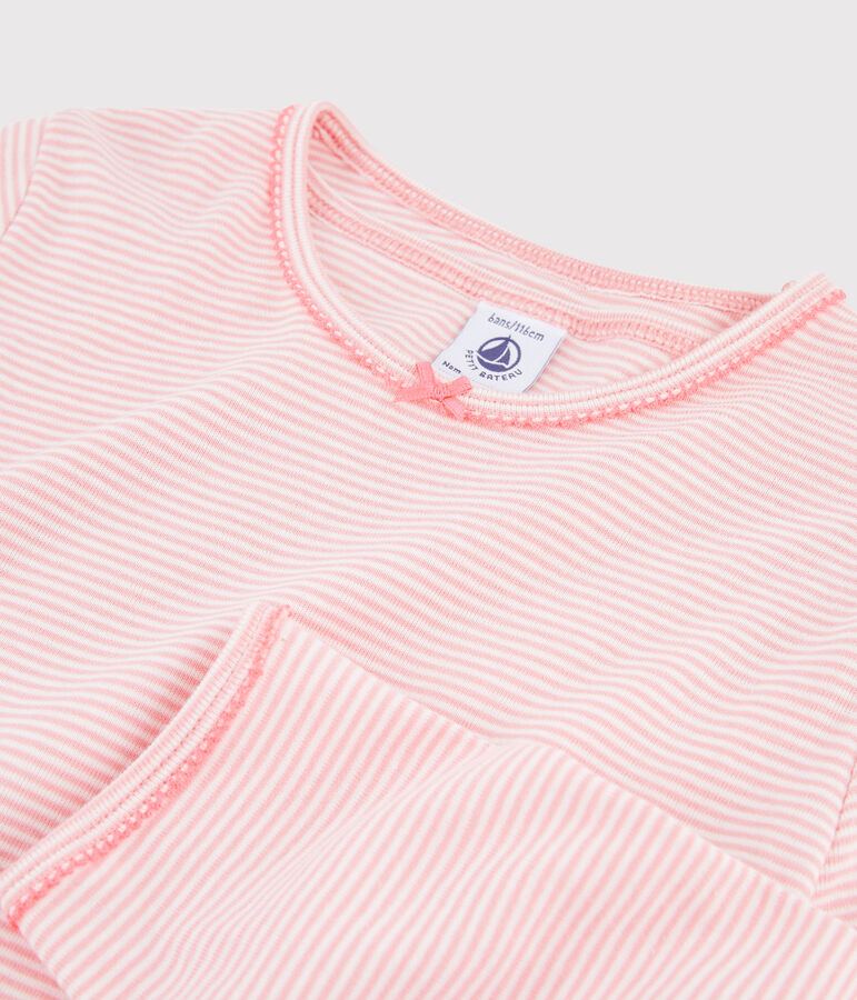 Pyjama &agrave; rayures milleraies petite fille en c&ocirc;te rose/blanc