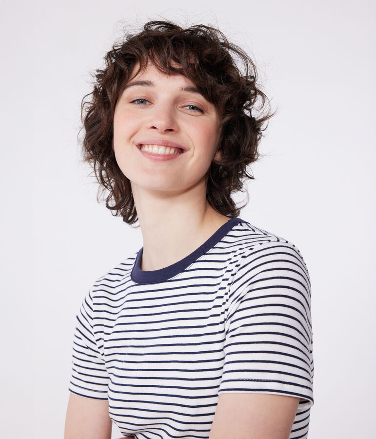 L'Iconique, T-shirt van gestreepte ribstof met korte mouw voor dames wit/blauw