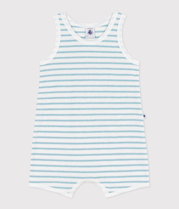 Combinaison courte sans manches b&eacute;b&eacute; en coton bouclette &eacute;ponge &agrave; rayures blanc/bleu